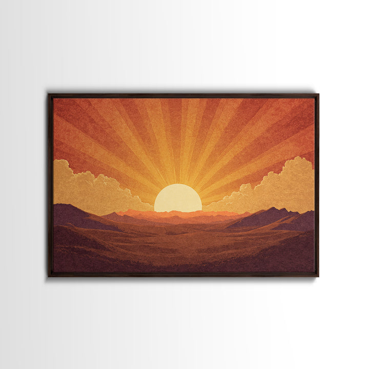 Orange Desert Sunrise Wall Art, Retro Sunburst Landscape Print, Mid Century Modern Decor, Warm Southwestern Living Room Art