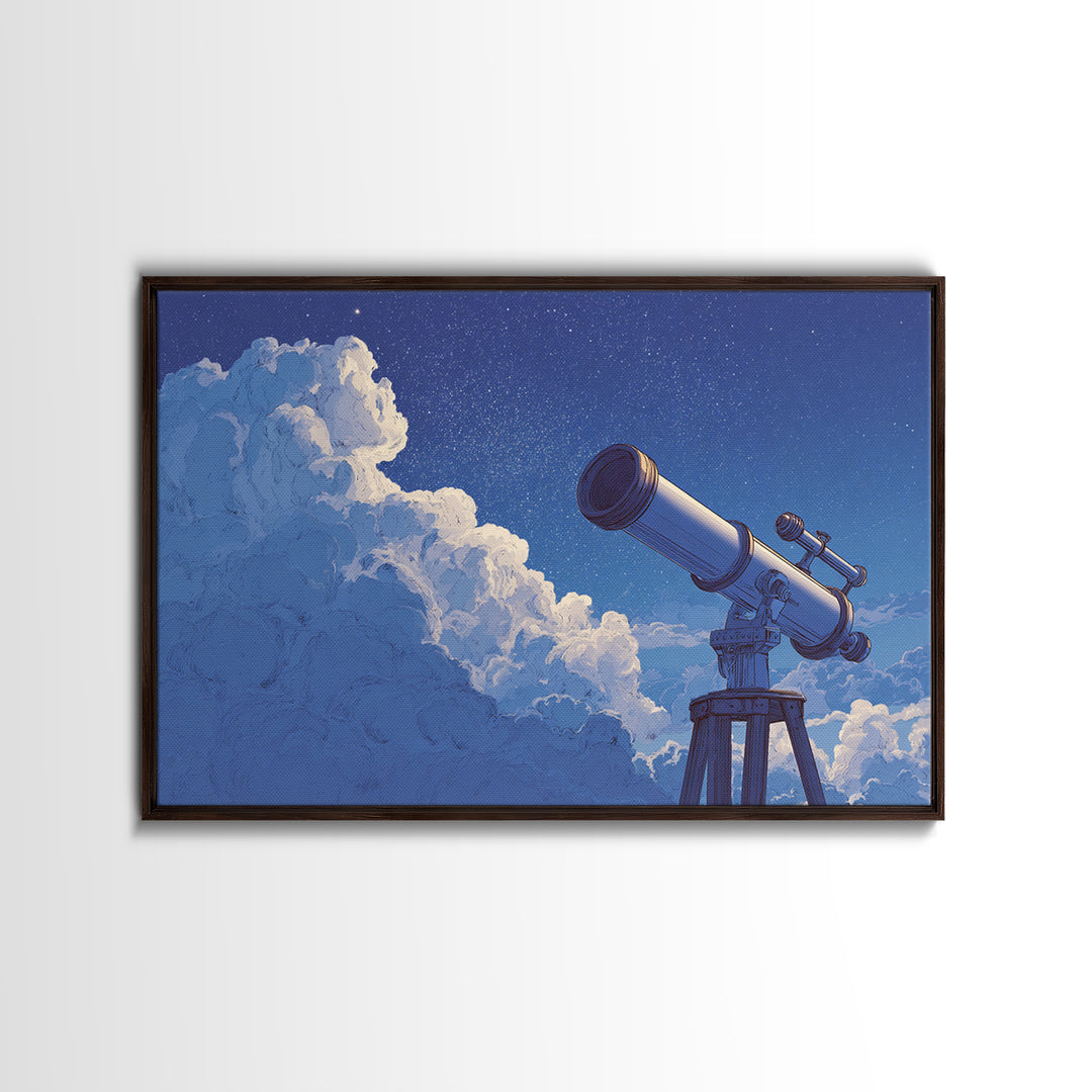 Blue Cloud Telescope Framed Canvas Print, Dreamy Night Sky Illustration, Astronomy Wall Decor For Modern Bedroom And Office Art