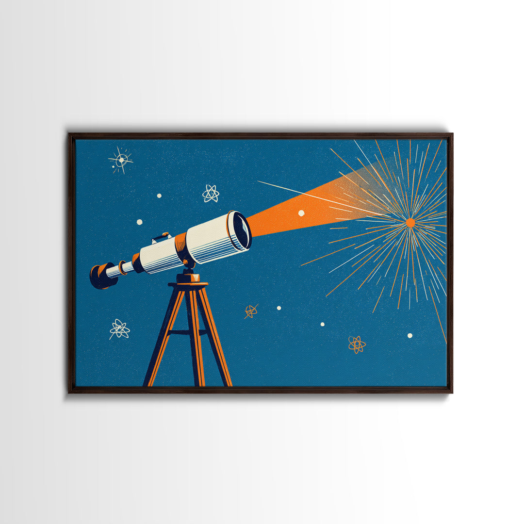 Mid Century Telescope Beam Wall Art, Atomic Space Illustration, Blue Orange Retro Poster For Modern Science Room Home Decor