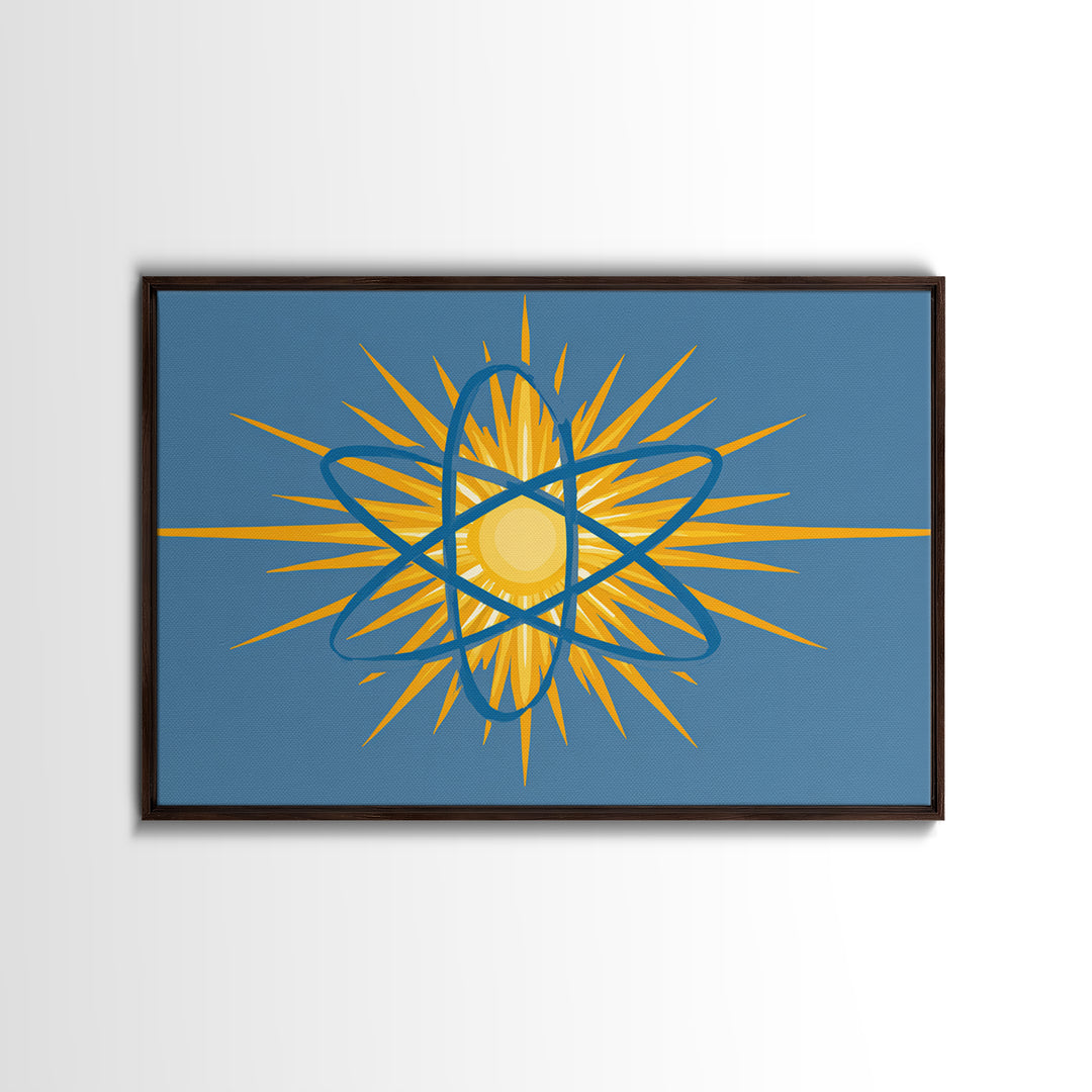 Blue Atom Sunburst Wall Art, Mid Century Modern Science Print, Atomic Geometric Poster For Office And Kids Room Home Decor