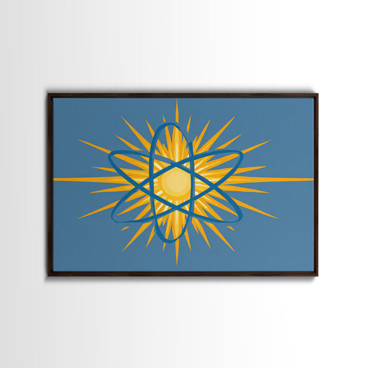 Blue Atom Sunburst Wall Art, Mid Century Modern Science Print, Atomic Geometric Poster For Office And Kids Room Home Decor