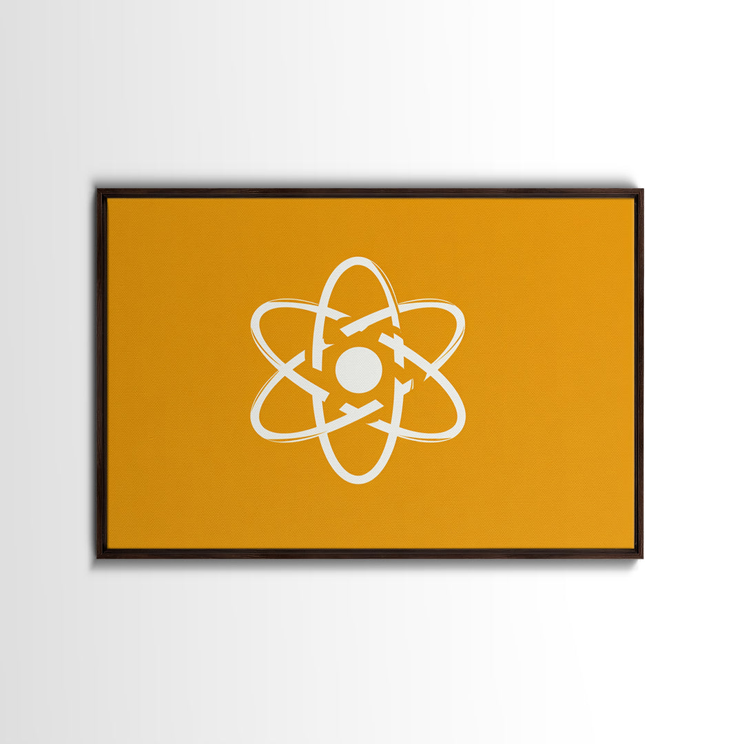 White Atom Symbol Canvas Print, Minimal Orange Science Poster, Mid Century Modern Wall Art For Office And Classroom Decor