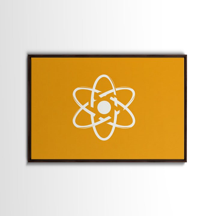 White Atom Symbol Canvas Print, Minimal Orange Science Poster, Mid Century Modern Wall Art For Office And Classroom Decor