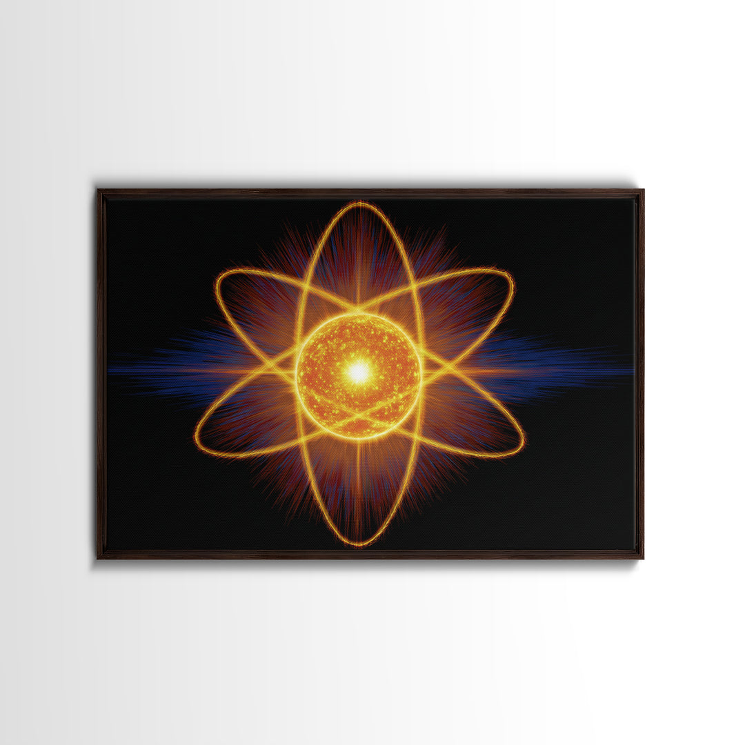 Glowing Atom Energy Wall Art, Black Space Science Print, Atomic Mid Century Modern Poster For Office And Man Cave Home Decor