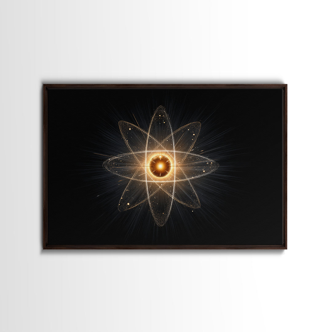 Glowing Atomic Starburst Orbit Wall Art, Midcentury Modern Science Poster, Black Gold Abstract Art Print, Retro Space Decor