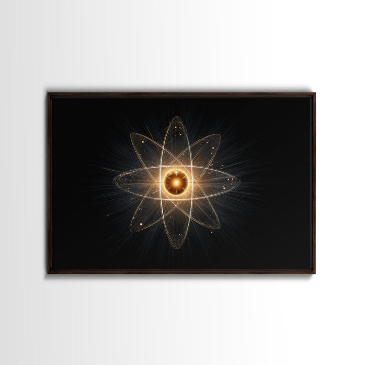 Glowing Atomic Starburst Orbit Wall Art, Midcentury Modern Science Poster, Black Gold Abstract Art Print, Retro Space Decor