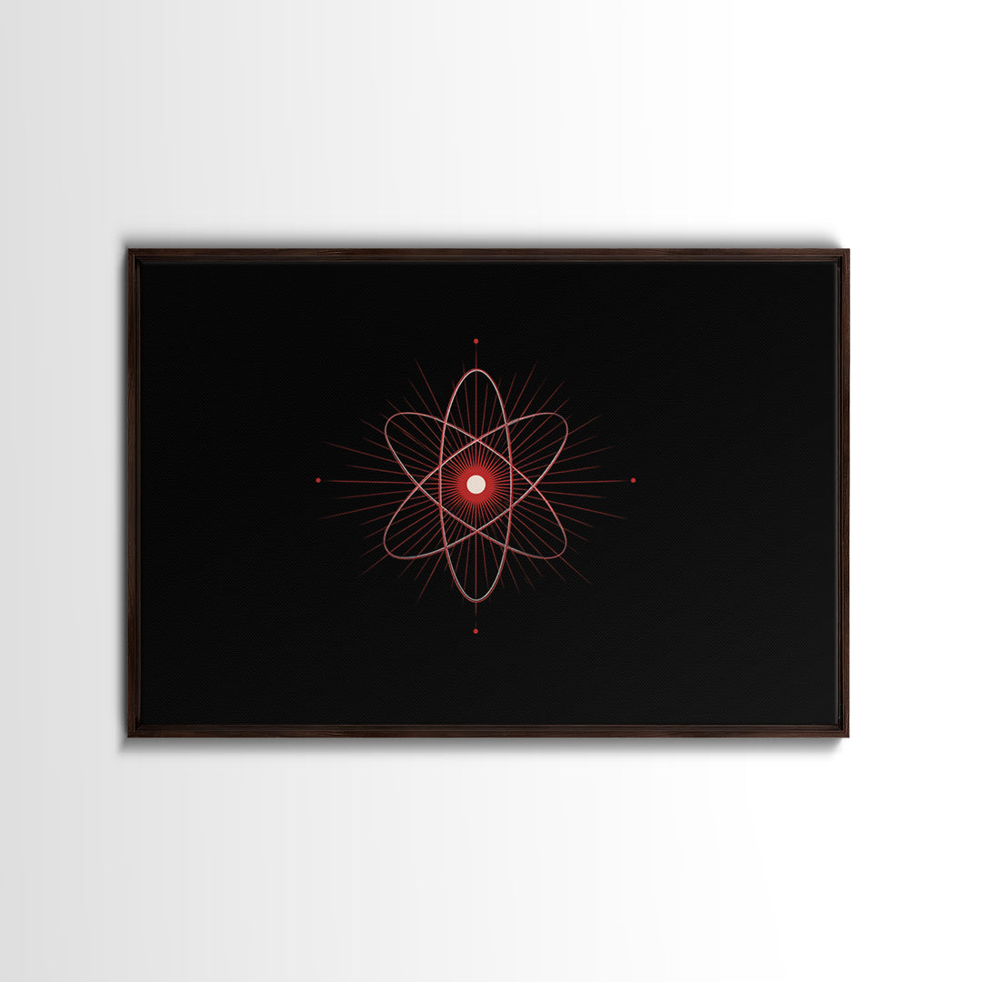 Red Atomic Orbit Canvas Print, Minimal Midcentury Science Poster, Black Space Wall Decor, Geometric Modern Abstract Art Print