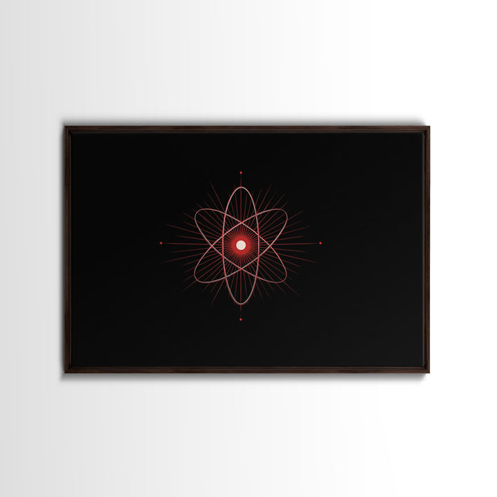 Red Atomic Orbit Canvas Print, Minimal Midcentury Science Poster, Black Space Wall Decor, Geometric Modern Abstract Art Print