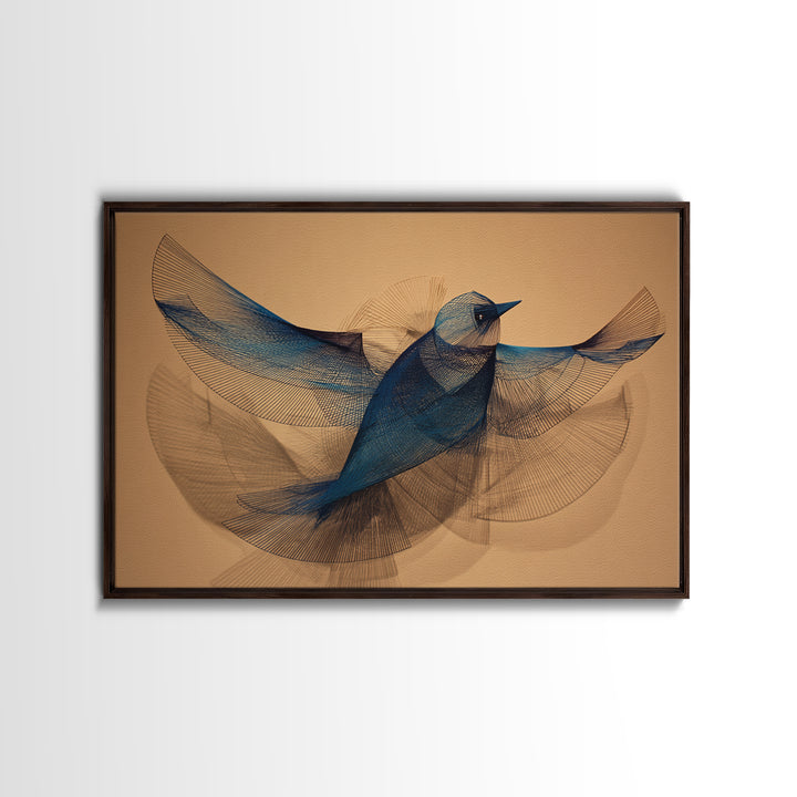 Blue Wire Bird Wall Art, Kinetic Sculpture Inspired Print, Midcentury Modern Abstract Animal Art, Minimalist Tan Home Decor