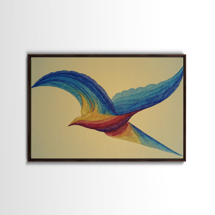 Rainbow Wire Bird Canvas Print, Flowing Kinetic Sculpture Art, Midcentury Modern Abstract Wall Art, Bright Colorful Home Decor