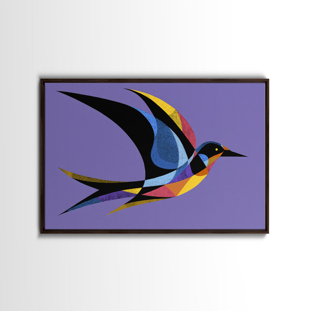 Colorful Swallow Bird On Purple Framed Canvas Print, Mid Century Modern Wall Art, Retro Atomic Decor, Geometric Art Print