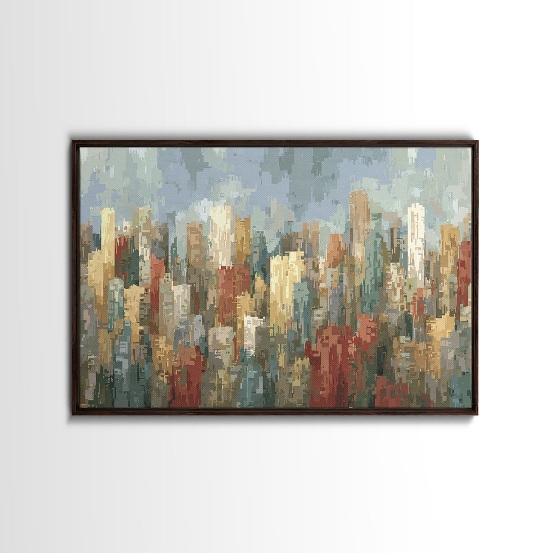 Rainy Impressionist City Skyline Framed Canvas Print, Modern Wall Art, Urban Landscape Decor, Office Poster, Soft Abstract Art