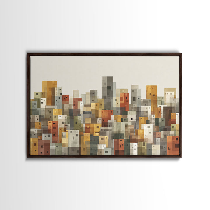 Whimsical Cubist City Blocks Canvas Print, Mid Century Modern Wall Art, Geometric Buildings Decor, Kids Room Cityscape Poster