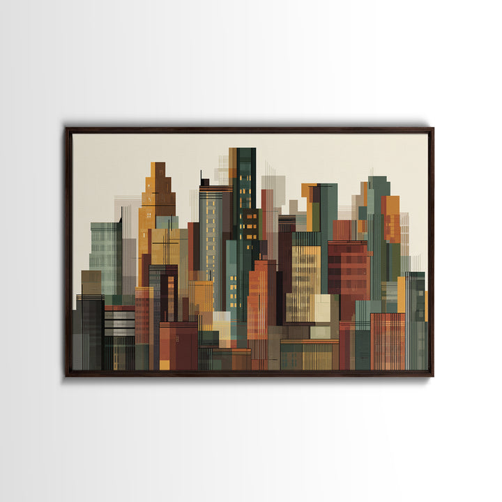 Architectural City Skyline Wall Art, Mid Century Modern Urban Decor, Geometric Building Print, MCM Office Poster, Warm Neutral