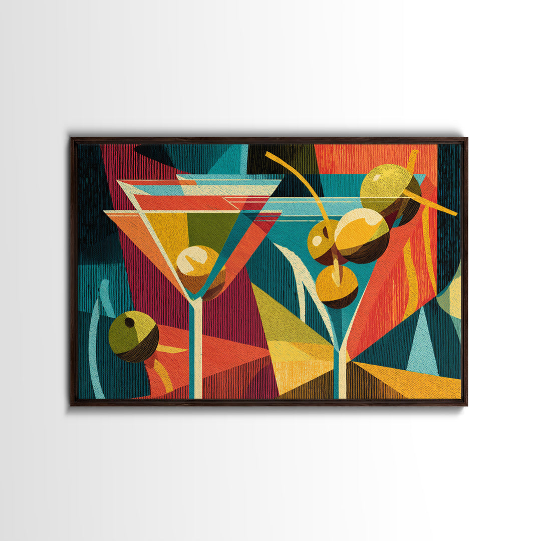 Retro Martini With Olives Canvas Print, Mid Century Modern Bar Cart Wall Art, Cocktail Decor, Colorful Geometric Kitchen Poster