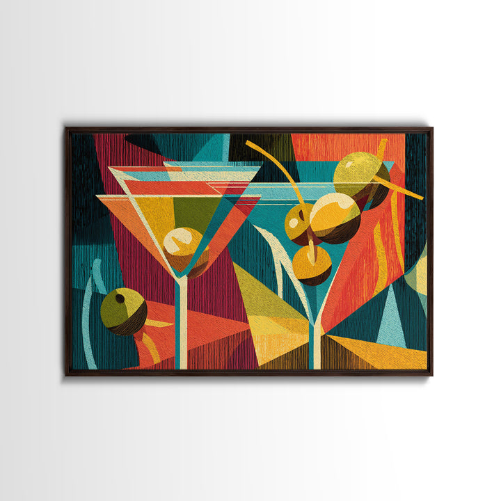Retro Martini With Olives Canvas Print, Mid Century Modern Bar Cart Wall Art, Cocktail Decor, Colorful Geometric Kitchen Poster