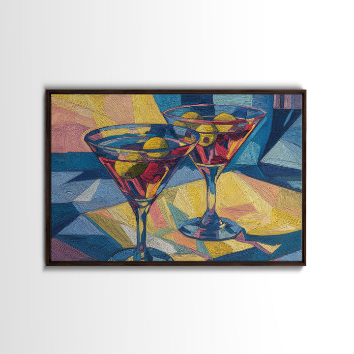 Cubist Martini Glasses With Olives Framed Canvas Print, Retro Cocktail Wall Art, Mid Century Modern Bar Cart Kitchen Decor