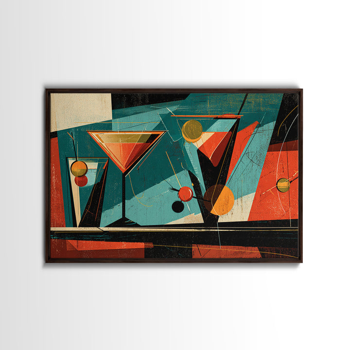 Teal Martini Glasses Abstract, Midcentury Modern Wall Art, Retro Cocktail Bar Poster, Colorful Geometric MCM Decor Print Gift