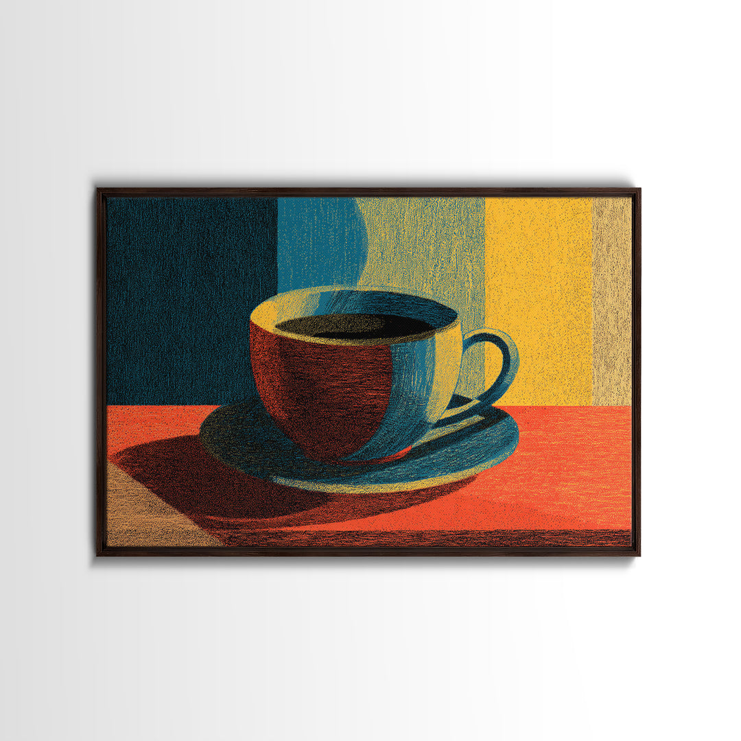 Sunlit Coffee Cup Still Life, Canvas Print, Midcentury Modern Art, Retro Kitchen Poster, Warm Orange Blue Wall Decor Print