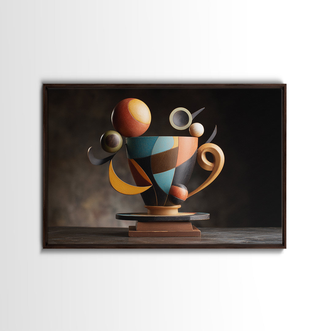 Geometric Sculptural Teacup Still Life, Framed Canvas Print, Midcentury Modern Artwork, Abstract Coffee Decor Statement Piece