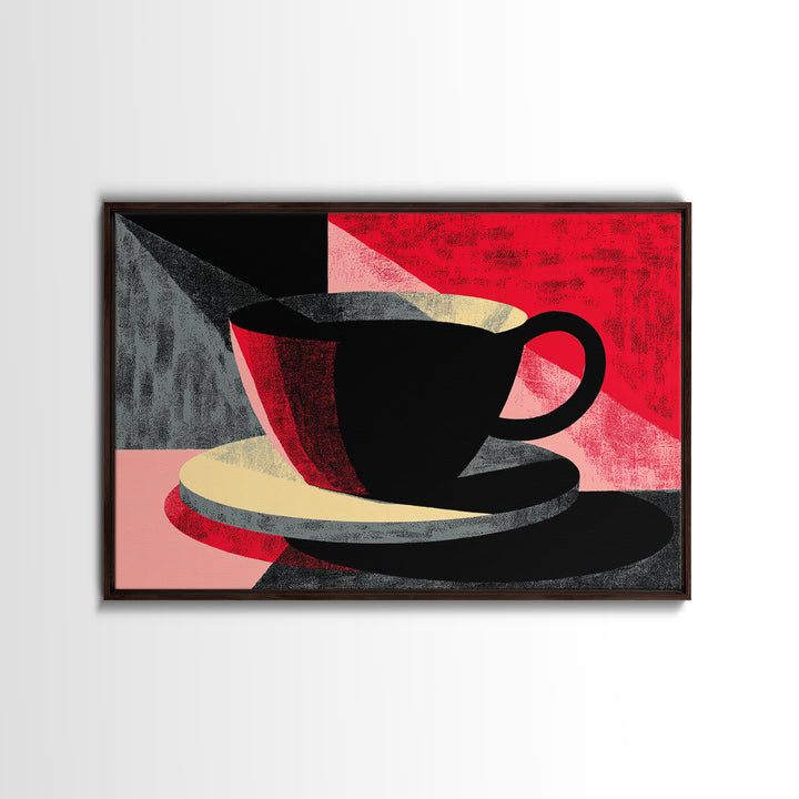 Black Coffee Cup On Pink Red Abstract, Wall Art, Modern Kitchen Poster, Retro Cafe Print, Bold Geometric Home Decor Gift