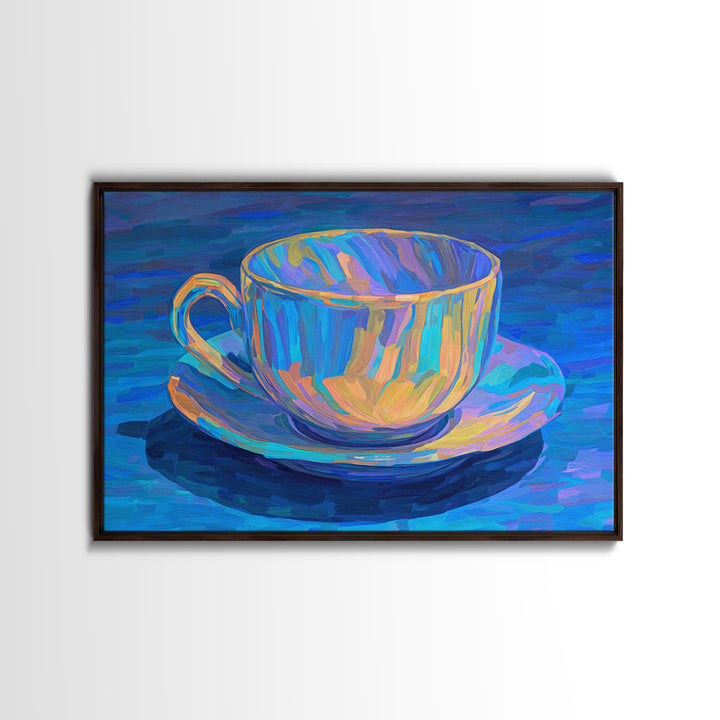 Iridescent Blue Teacup Still Life, Canvas Print, Colorful Modern Art Print, Painterly Cafe Decor, Vibrant Kitchen Wall Art