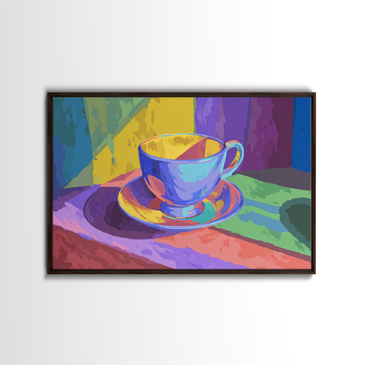 Rainbow Blue Teacup Still Life, Framed Canvas Print, Colorful Modern Wall Art, Retro Kitchen Poster, Bright Home Decor Gift