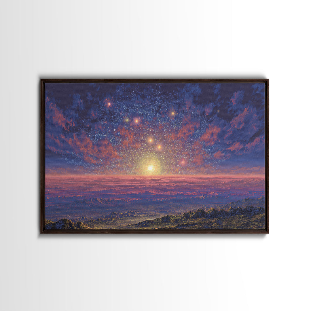 Starry Mountain Sunrise Canvas Print, Scenic Space Abstract Art, Blue Pink Landscape Wall Decor, Modern Home Art Poster Gift