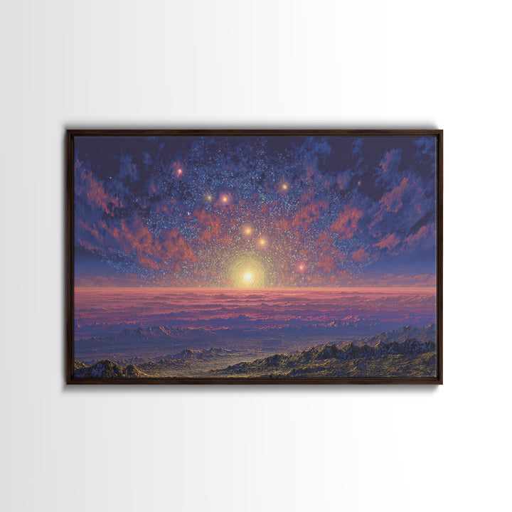 Starry Mountain Sunrise Canvas Print, Scenic Space Abstract Art, Blue Pink Landscape Wall Decor, Modern Home Art Poster Gift