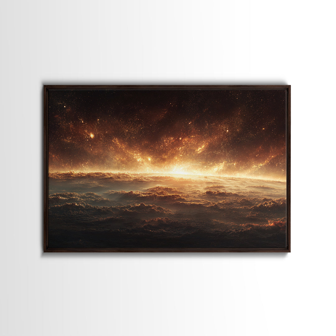 Golden Cosmic Horizon Framed Canvas Print, Space Abstract Art, Starry Cloudscape Wall Decor, Modern Wall Art For Bedroom