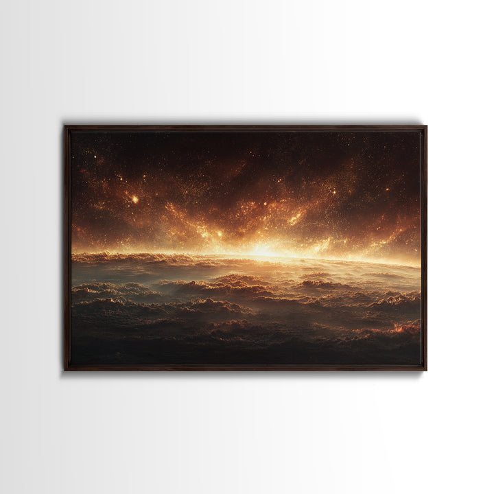 Golden Cosmic Horizon Framed Canvas Print, Space Abstract Art, Starry Cloudscape Wall Decor, Modern Wall Art For Bedroom