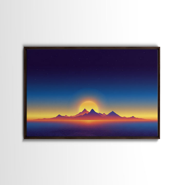 Minimal Island Sunrise Canvas Print, Retro Sunset Poster, Blue Yellow Ocean Landscape Wall Decor, Modern Home Art Gift Print