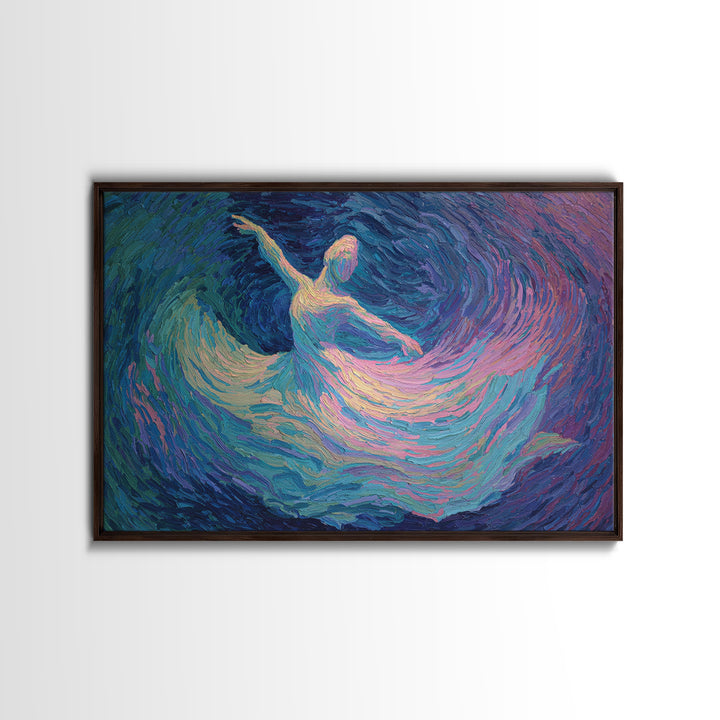Swirling Ballerina Dancer Framed Canvas Print, Blue Purple Impressionist Wall Art, Romantic Fine Art For Bedroom Decor Gift