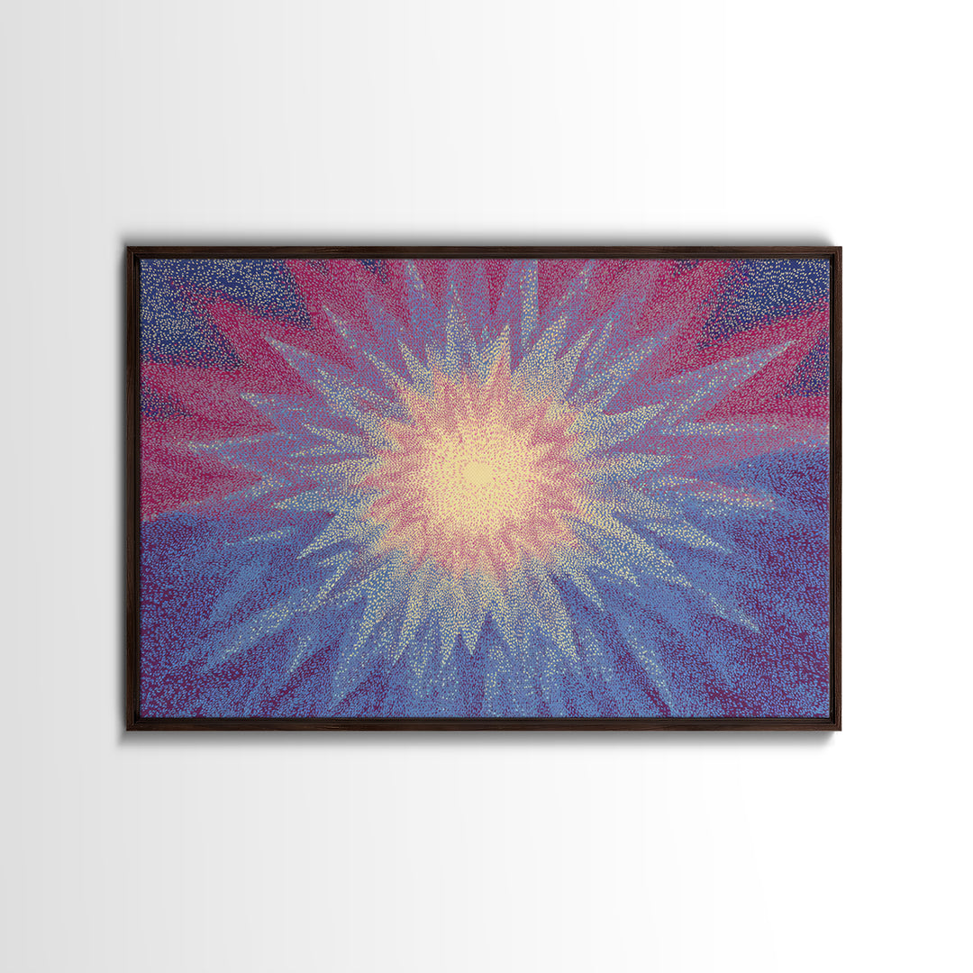 Pink And Blue Radiant Starburst Wall Art, Midcentury Modern Abstract Sun Print, Psychedelic Pointillism Decor Poster For Bedroom