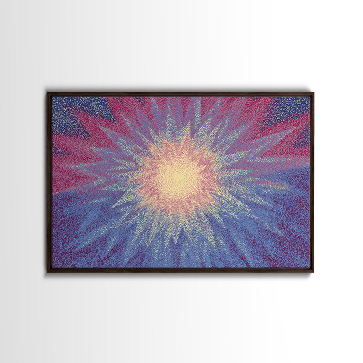 Pink And Blue Radiant Starburst Wall Art, Midcentury Modern Abstract Sun Print, Psychedelic Pointillism Decor Poster For Bedroom