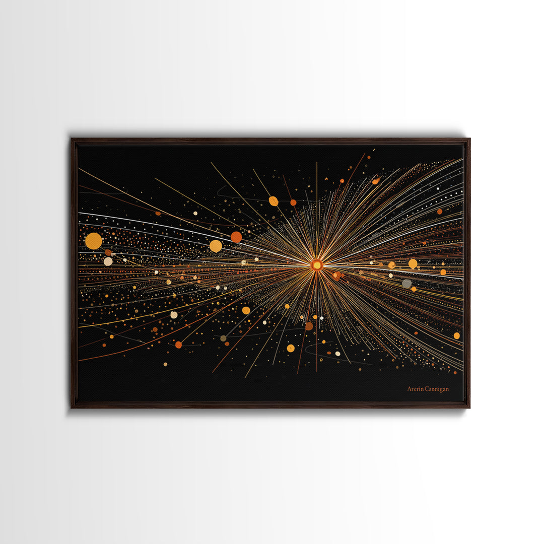 Golden Starburst Lines And Dots Canvas Print, Modern Abstract Art, Atomic Retro Wall Art Decor For Living Room Home Office
