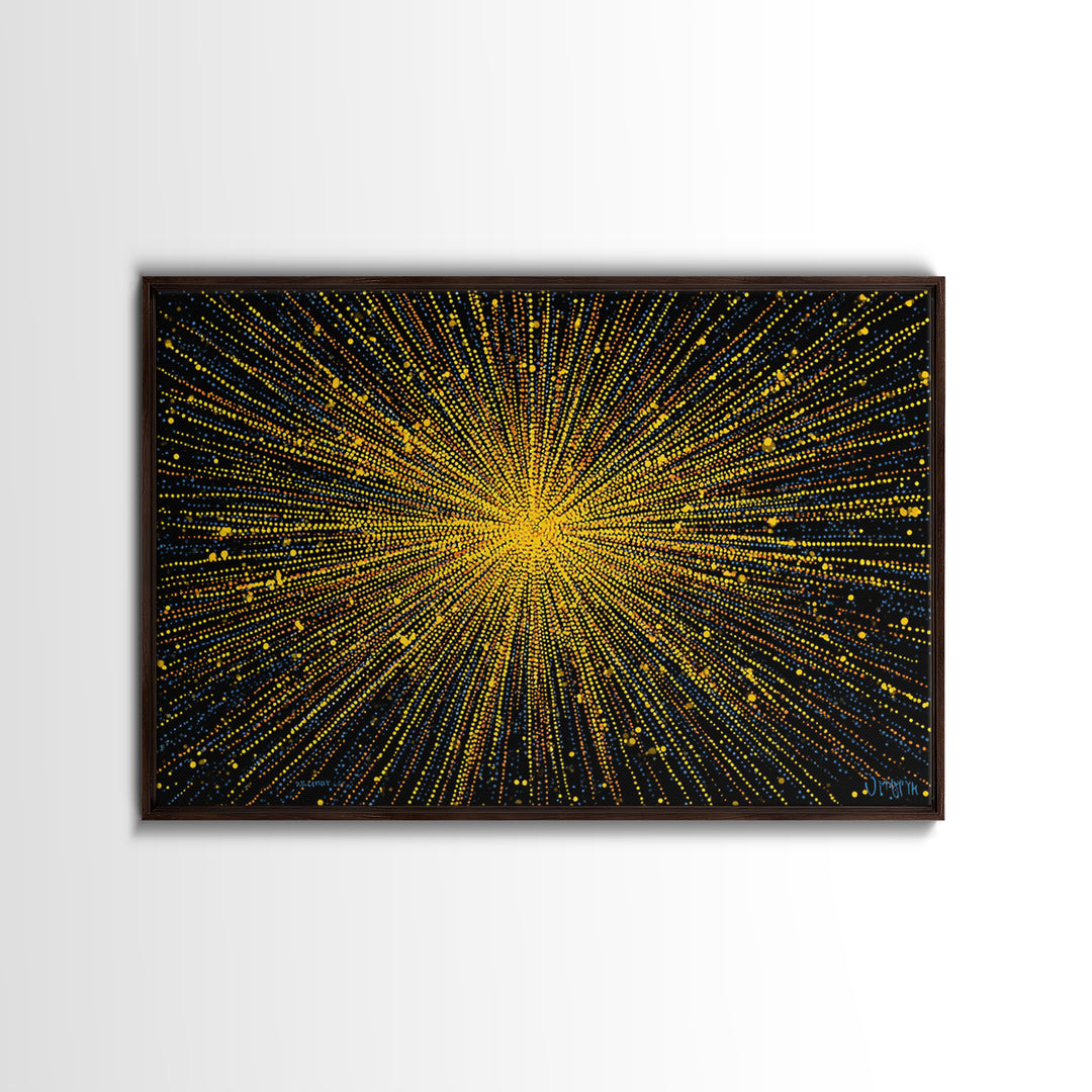 Radiant Yellow Dotted Starburst Canvas Print, Modern Abstract Art, Cosmic Retro Wall Art, Bold Geometric Decor For Home Office