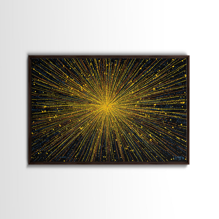 Radiant Yellow Dotted Starburst Canvas Print, Modern Abstract Art, Cosmic Retro Wall Art, Bold Geometric Decor For Home Office