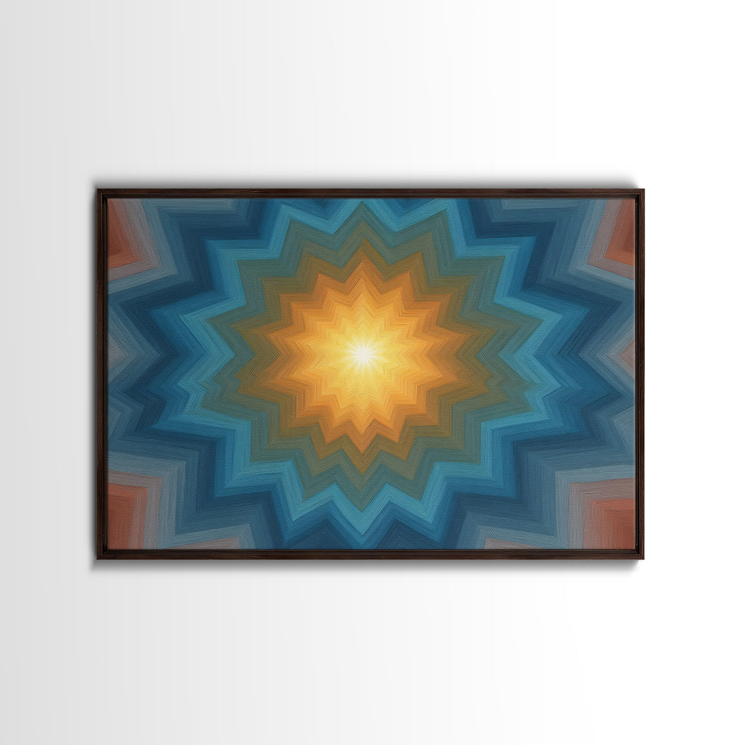 Teal And Orange Geometric Mandala Starburst Canvas Print, Midcentury Modern Wall Art, Atomic MCM Home Decor For Living Room
