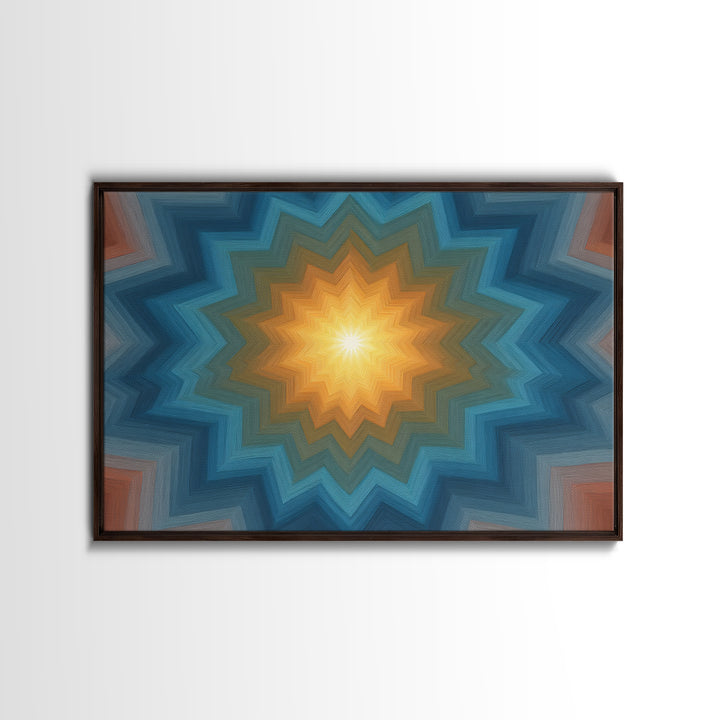 Teal And Orange Geometric Mandala Starburst Canvas Print, Midcentury Modern Wall Art, Atomic MCM Home Decor For Living Room
