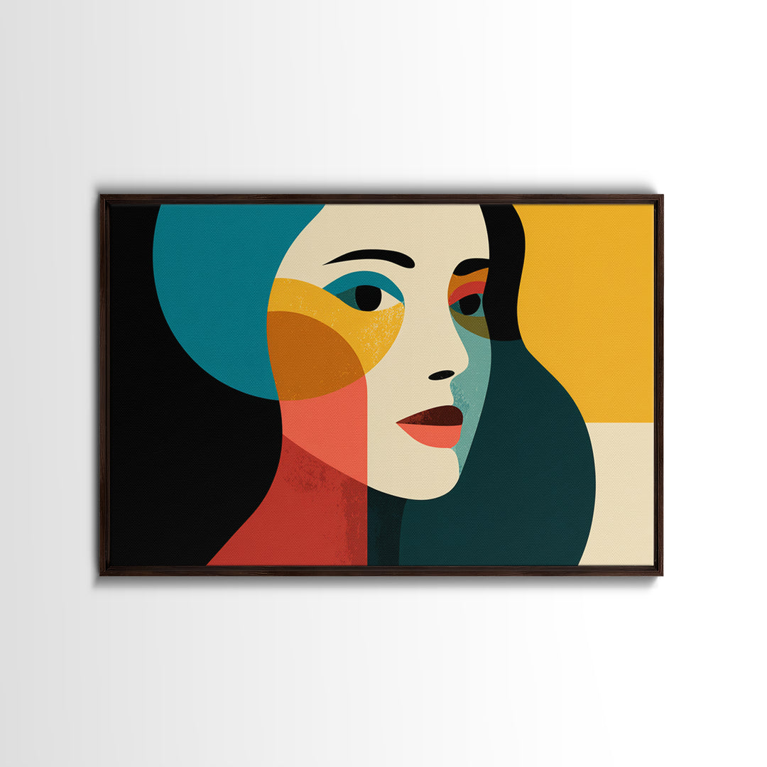 Geometric Minimal Woman Portrait Canvas Print, Midcentury Modern Wall Decor, Teal Orange Abstract Art, Retro MCM Home Decor