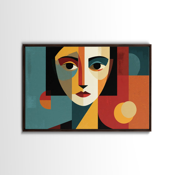 Cubist Geometric Woman Face Framed Canvas Print, Midcentury Modern Art, Bauhaus Poster, Color Block Living Room Wall Decor