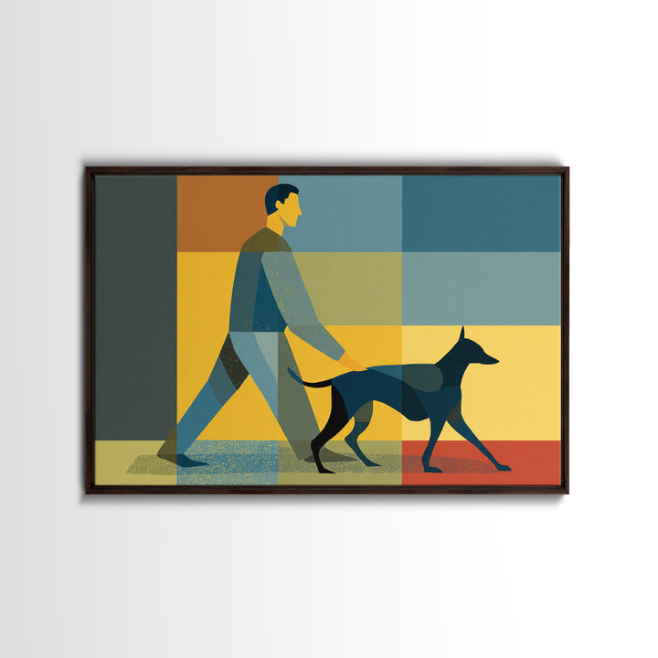Man Walking Dog Color Block Wall Art, Midcentury Modern Print, Retro Geometric Poster, Blue Yellow Living Room Home Decor