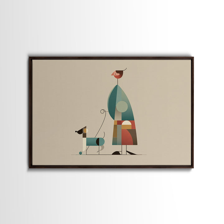 Minimalist Woman Walking Dog Canvas Print, Midcentury Modern Art, Scandinavian Retro Decor, Neutral Beige Gallery Wall Art