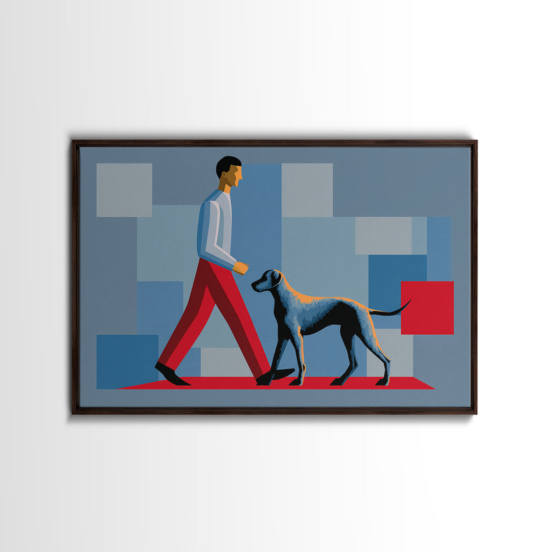 Stylish Man Walking Grey Dog Wall Art, Midcentury Modern Canvas Print, Blue Red Geometric Decor, Masculine Office Artwork