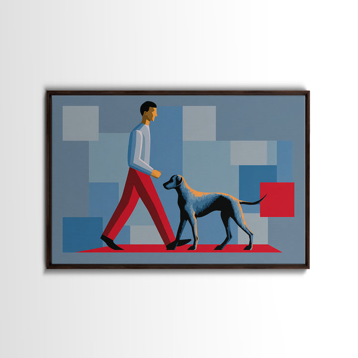 Stylish Man Walking Grey Dog Wall Art, Midcentury Modern Canvas Print, Blue Red Geometric Decor, Masculine Office Artwork