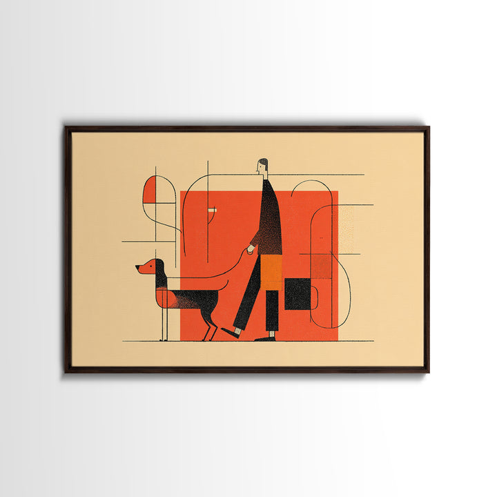 Linear Orange Dog Walker Wall Art, Midcentury Modern Abstract Print, Minimalist Geometric Poster, Retro Entryway Home Decor Gift