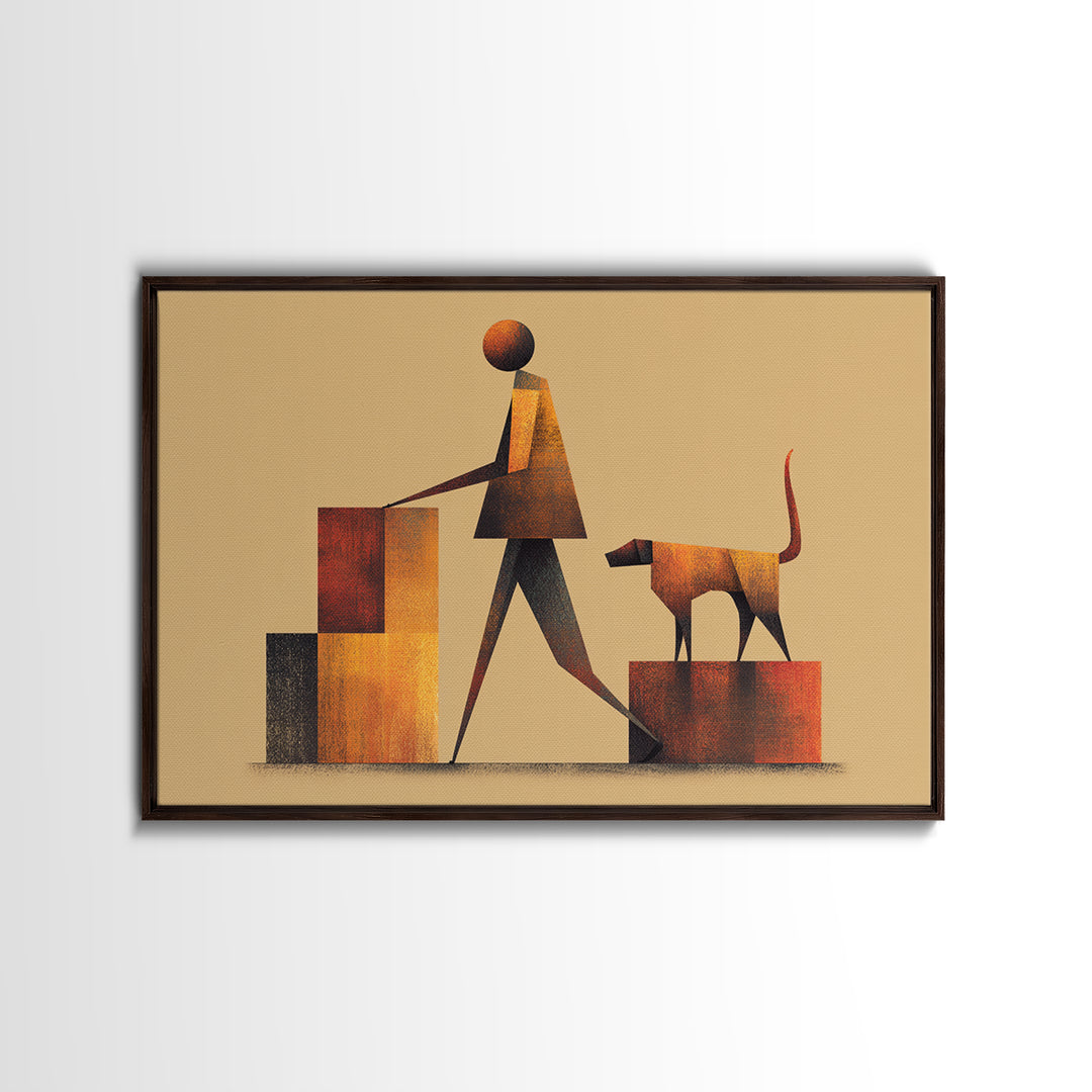 Stylized Figure With Dog On Steps Canvas Print, Midcentury Modern Wall Art, Warm Orange Brown Geometric Home Office Decor