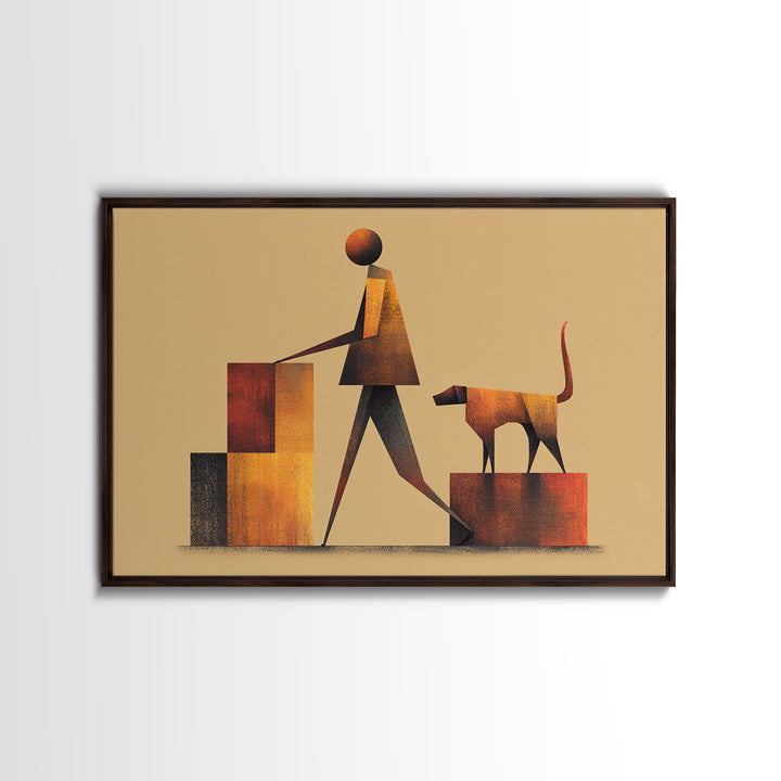 Stylized Figure With Dog On Steps Canvas Print, Midcentury Modern Wall Art, Warm Orange Brown Geometric Home Office Decor