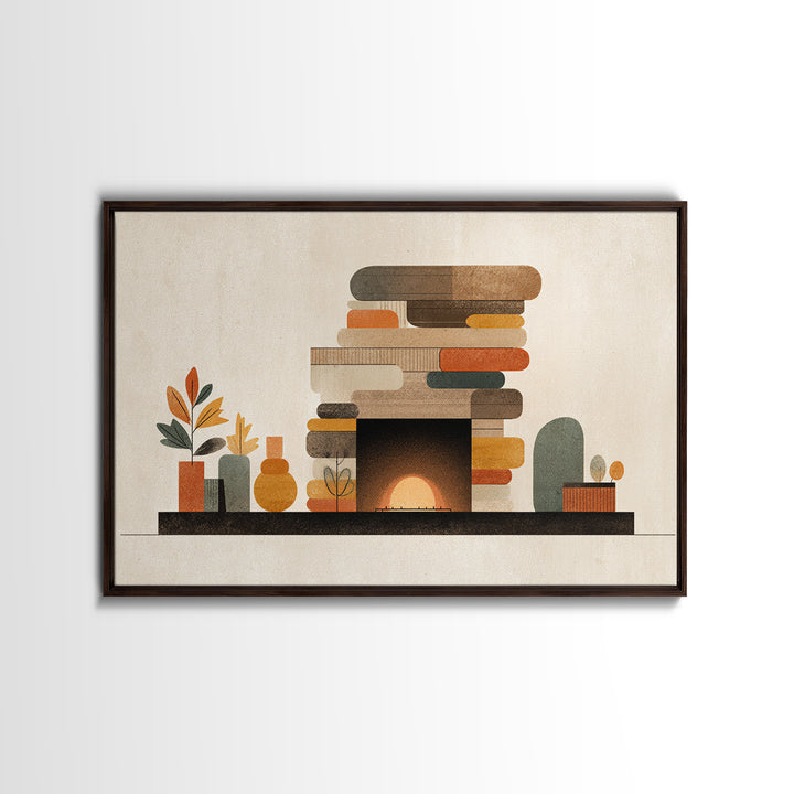 Cozy Midcentury Fireplace Wall Art, Warm Geometric Hearth Canvas Print, Retro MCM Home Decor For Living Room And Office Decor